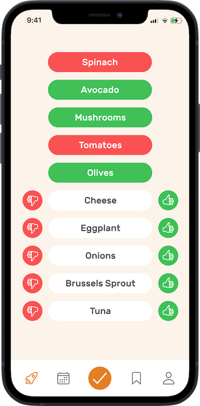 Step One preference selection screen