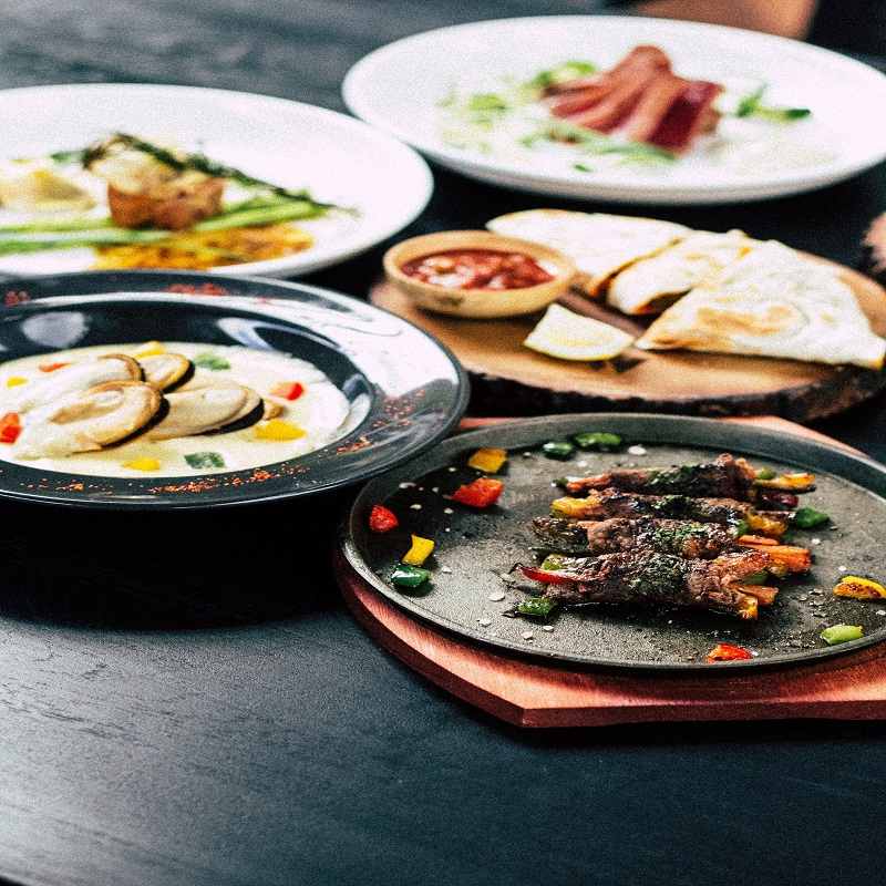 Photo of beautiful and tasty arranged food items